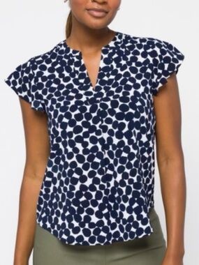 Calvin Klein Women's Navy and White Dot V-Neck Flutter Sleeve Top XL